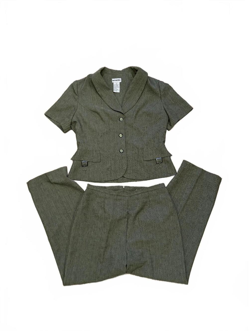 Vtg Perceptions 2 Pc Pant Suit Olive Green Textured Short Sleeve Blazer Set 14